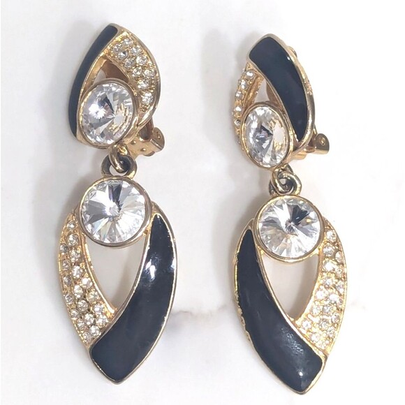 Vintage Bijoux Designs Earrings Clip On Black Enamel Rhinestone Dangle 80s 90s - Picture 6 of 11